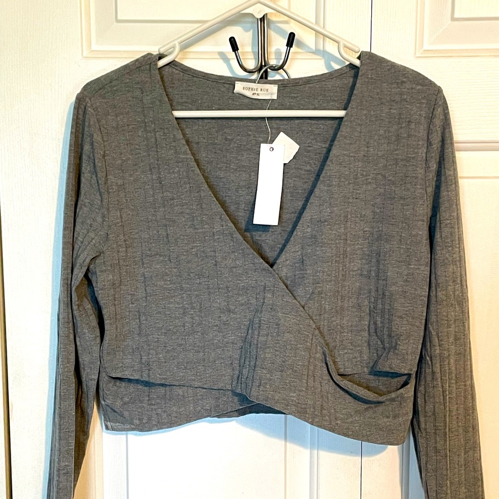SOPHIE RUE Grey Ribbed V-Neck Surplice Long Sleeve Crop